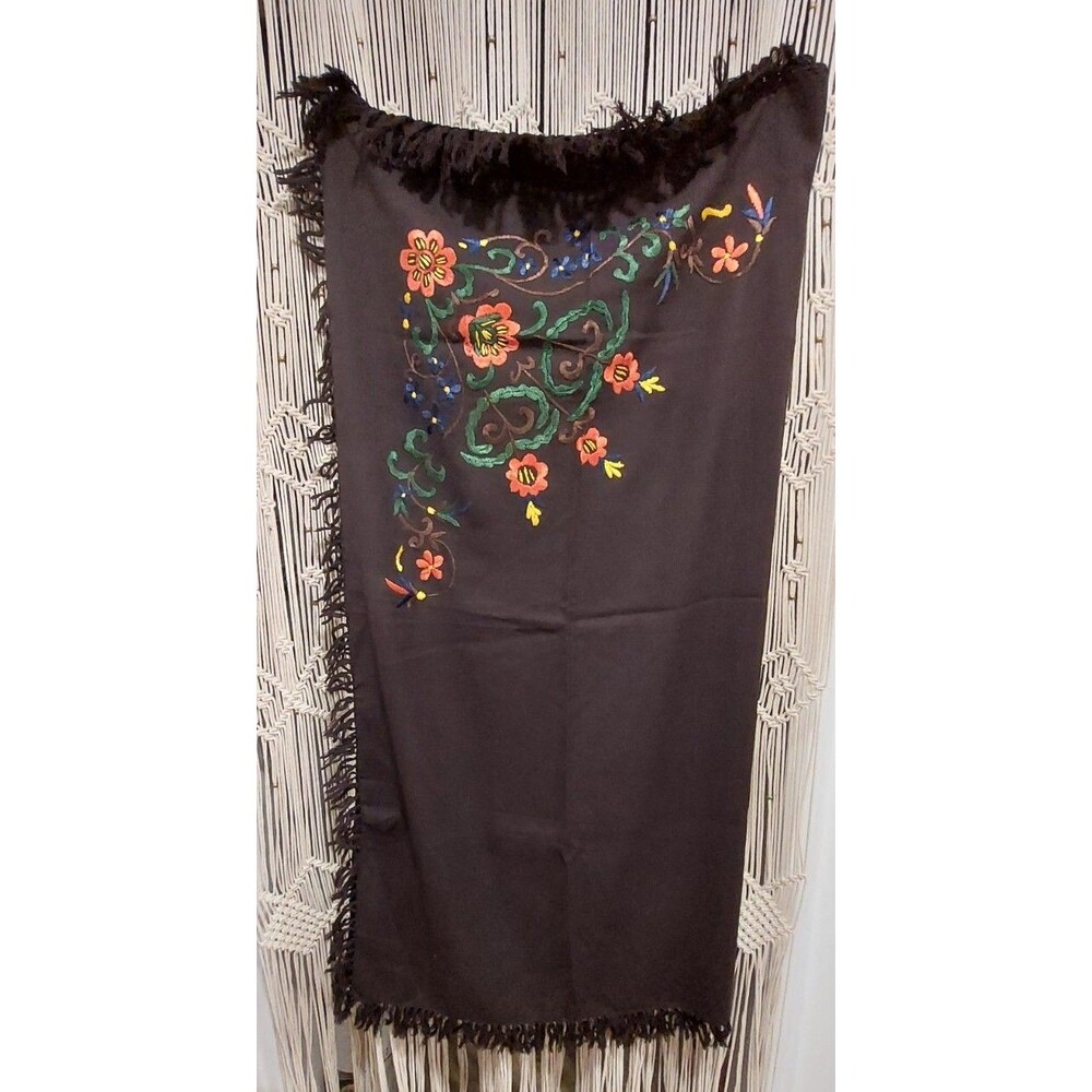 Brown Wool Square Folk Shawl Wrap Scarf Hand Embroidered Fringed 48"x48"